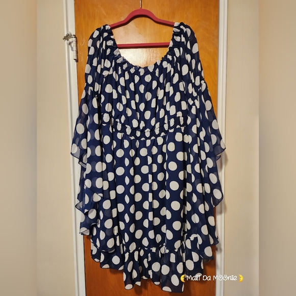 Ashley Stewart Blue Bell Sleeve Dress with White Polka Dots - 18/20 - Picture 3 of 4